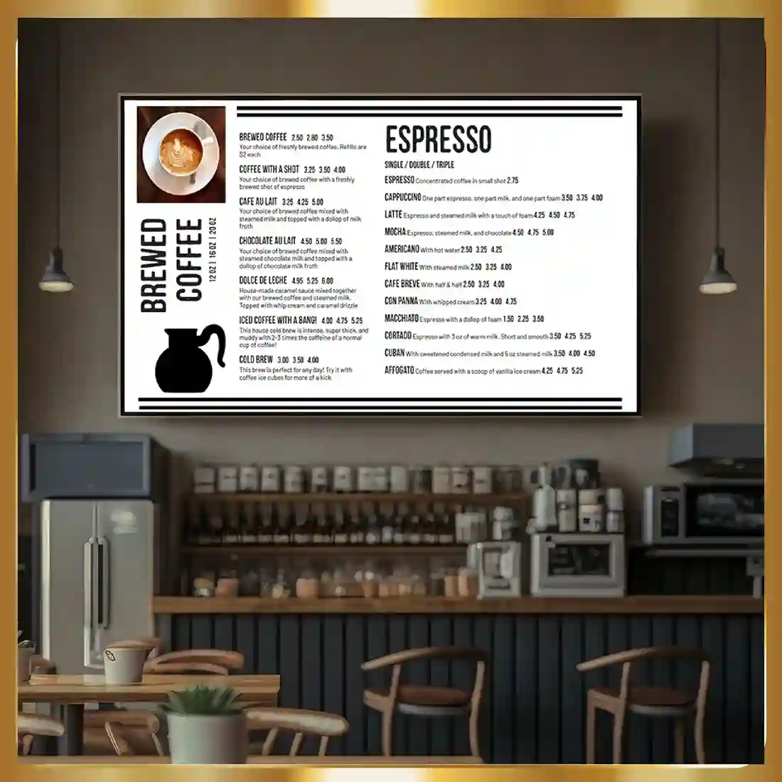 A coffee shop with a menu on the wall.